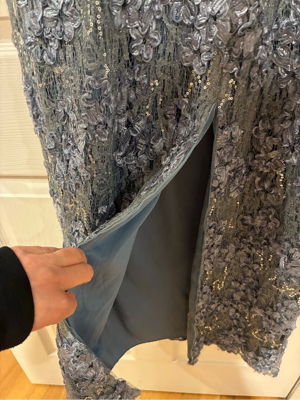 Oleg Cassini Dusty Blue Lace Beaded Maxi Gown - Picture 7 of 10